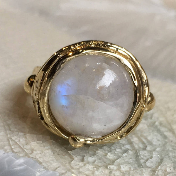 Moonstone ring, organic gold ring, golden brass ring, white gemstone ring, statement ring, moonstone cocktail ring - Notorious Wind RK1470