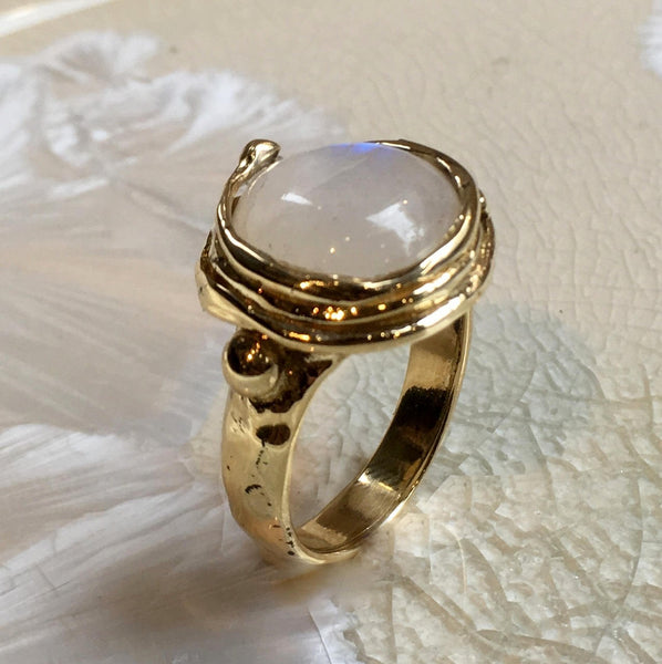 Moonstone ring, organic gold ring, golden brass ring, white gemstone ring, statement ring, moonstone cocktail ring - Notorious Wind RK1470