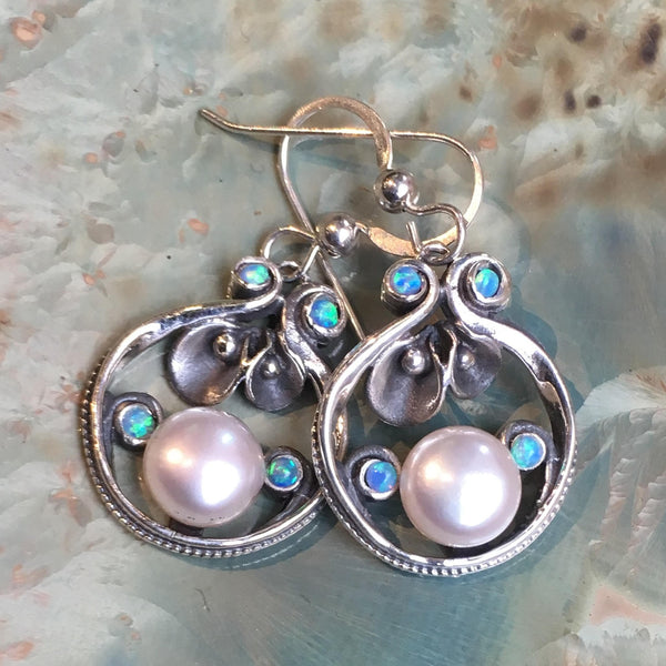 Blue opal earrings, bridal earrings, Dangle earrings, Sterling silver pearl earrings, floral earrings, Long dangle earrings - Suddenly E2151