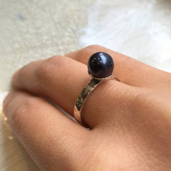 Engagement ring, Black pearl ring, sterling silver ring, statement ring, simple ring, cocktail ring, delicate ring  - Happy times R2555