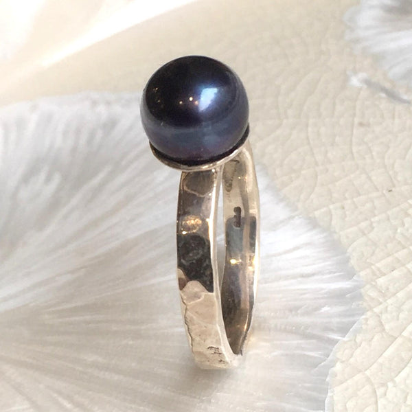 Engagement ring, Black pearl ring, sterling silver ring, statement ring, simple ring, cocktail ring, delicate ring  - Happy times R2555