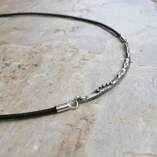 Silver Bar choker, Black leather necklace, Layering bar pendant, simple pendant, biker necklace, organic sterling silver necklace - N2101