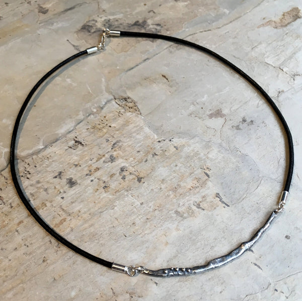 Silver Bar choker, Black leather necklace, Layering bar pendant, simple pendant, biker necklace, organic sterling silver necklace - N2101