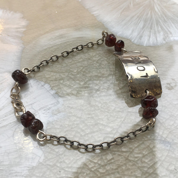 Garnet beads bracelet, Love bracelet, Chain bracelet, sterling silver bracelet, personalised bracelet, stamped name plate - Mindful B3020