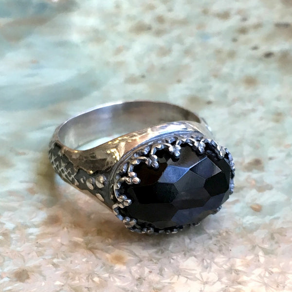 Onyx Ring, Silver Ring, Gemstone ring, Black Stone Ring, crown Ring, boho Ring, oxidised silver ring, engagement ring - I believe. R2052-5