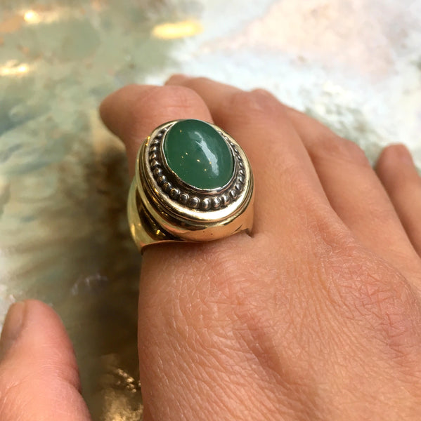 Silver brass ring, jade ring, boho chic ring, statement engagement ring, bohemian ring, twotone ring, cocktail ring - Green Mountain RK2556