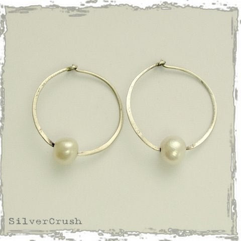 Simple earrings, sterling silver earrings, hoop earrings, white pearl earrings, small hoops, casual earrings, bridal earrings - Shine E2107