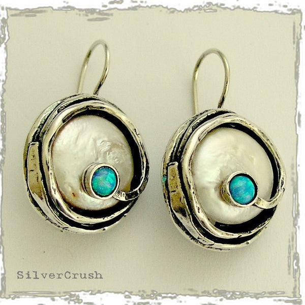 Blue opal coin pearl sterling silver earrings