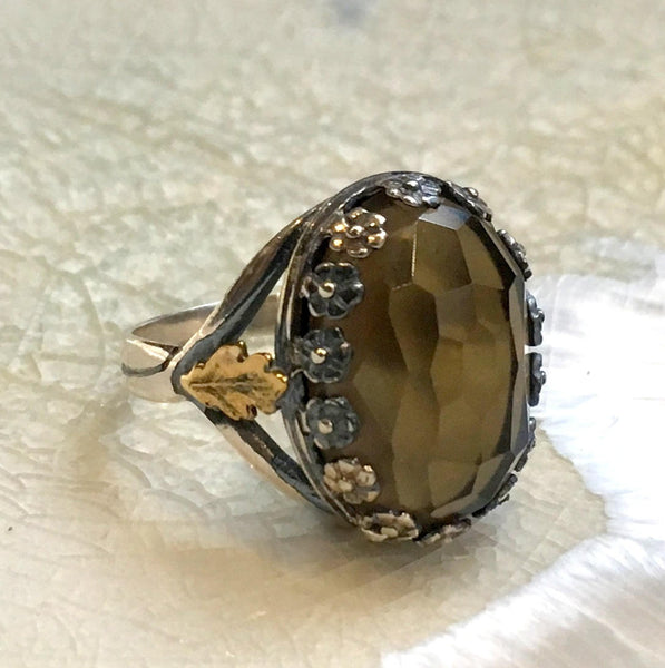 Silver ring, bohemian smoky quartz ring, silver gold ring, gemstone ring, two tone ring, engagement ring, floral ring -  Commitment R2554