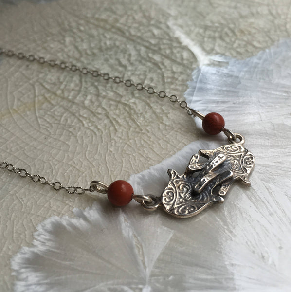 Hamsa hand necklace, Layering Necklace, hand of fatima pendant, Minimalist coral necklace, sterling silver symbol pendant - Hand shake N2084