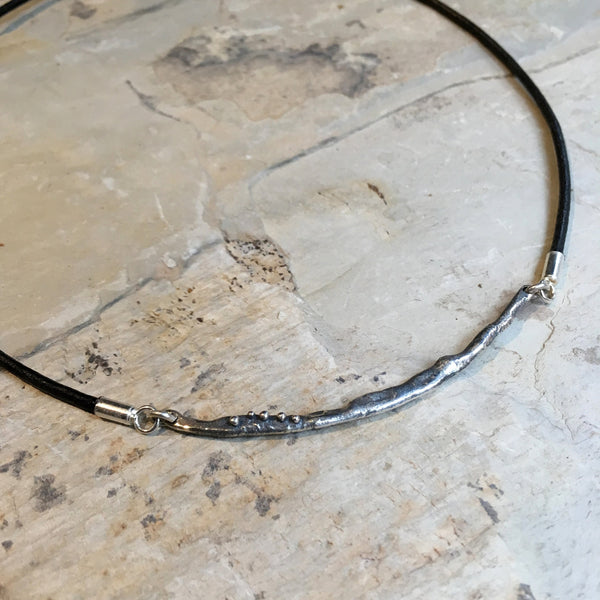 Silver Bar choker, Black leather necklace, Layering bar pendant, simple pendant, biker necklace, organic sterling silver necklace - N2101