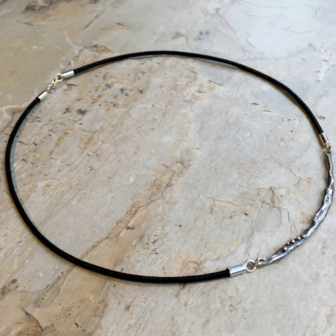 Silver Bar choker, Black leather necklace, Layering bar pendant, simple pendant, biker necklace, organic sterling silver necklace - N2101