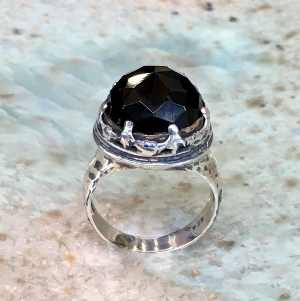 Onyx Sterling silver gold crown ring