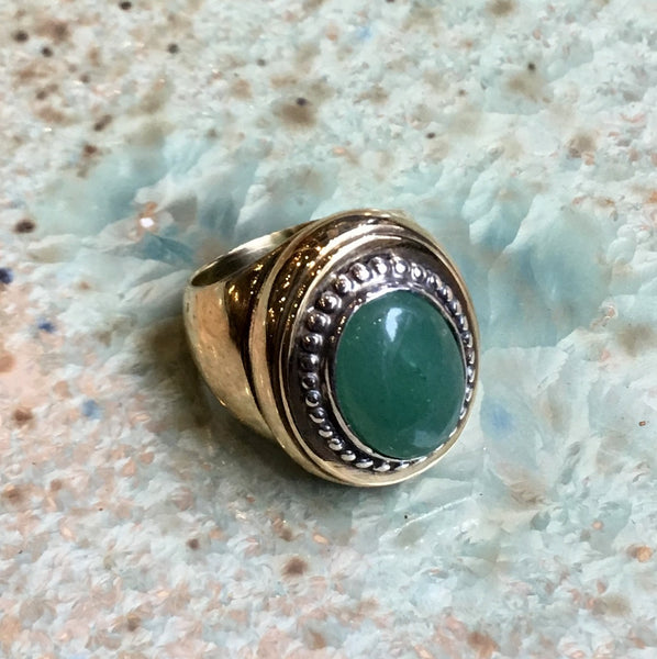 Silver brass ring, jade ring, boho chic ring, statement engagement ring, bohemian ring, twotone ring, cocktail ring - Green Mountain RK2556