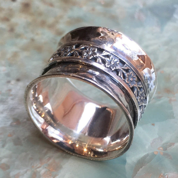 Spinner ring, Silver Wedding band, vine ring, meditation ring, wide silver band, flowers ring, hammered ring - Soul mates R2566