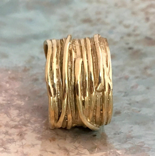 Solid gold ring, wide gold band, wire wrap gold ring, unisex band, boho ring, wedding band, rustic ring, wide ring - Imagine our life RG1505