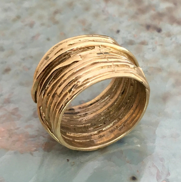 Solid gold ring, wide gold band, wire wrap gold ring, unisex band, boho ring, wedding band, rustic ring, wide ring - Imagine our life RG1505