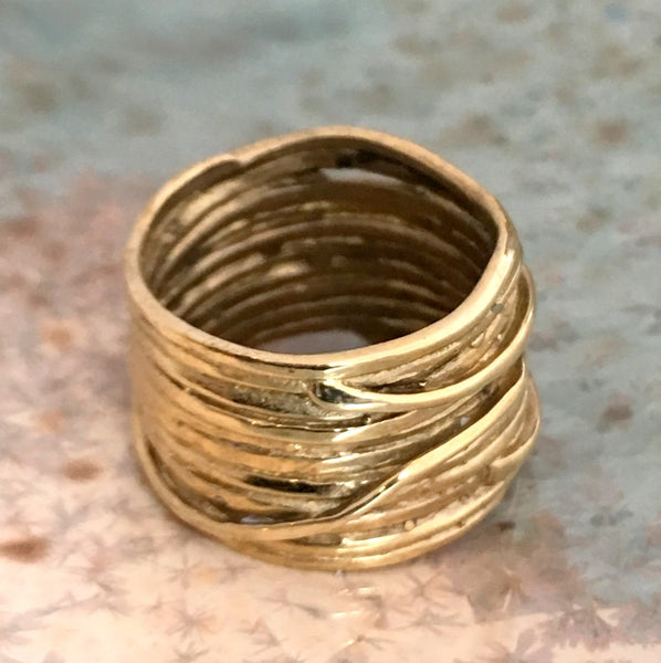 Solid gold ring, wide gold band, wire wrap gold ring, unisex band, boho ring, wedding band, rustic ring, wide ring - Imagine our life RG1505