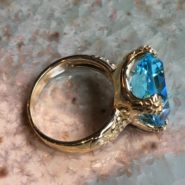 Blue topaz ring, Gemstone ring, boho ring, Golden brass Ring, engagement ring, statement botanical ring, cushion cut - Hello spring RK2272-7