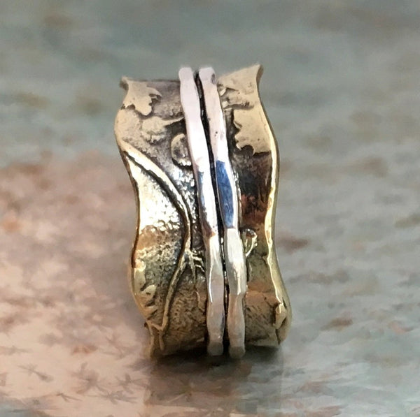 Wedding band, brass silver ring, silver gold ring, woodland ring, wavy ring, statement ring, Wide ring, unisex band - Our moment R2570