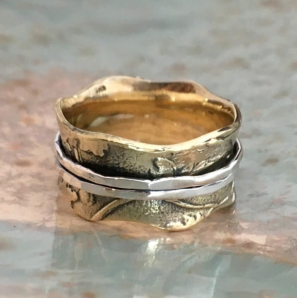 Wedding band, brass silver ring, silver gold ring, woodland ring, wavy ring, statement ring, Wide ring, unisex band - Our moment R2570
