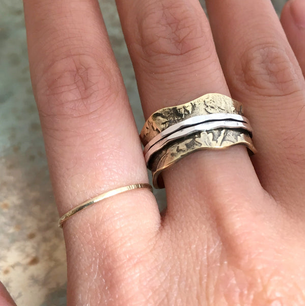 Wedding band, brass silver ring, silver gold ring, woodland ring, wavy ring, statement ring, Wide ring, unisex band - Our moment R2570