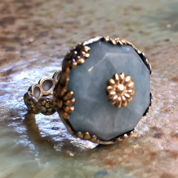 Aquamarine gold floral silver blue stone ring