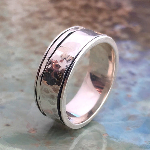 Sterling silver ring, silver man's ring, unisex ring, wedding ring, wedding band, hammered ring, spinner ring, meditation  - I Love R1149S