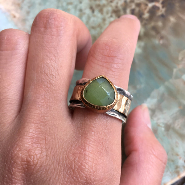 Green jade ring, spinner ring, Meditation Ring, silver gold band, wide silver ring, wedding engagement ring - Dance Into The Light - R2440