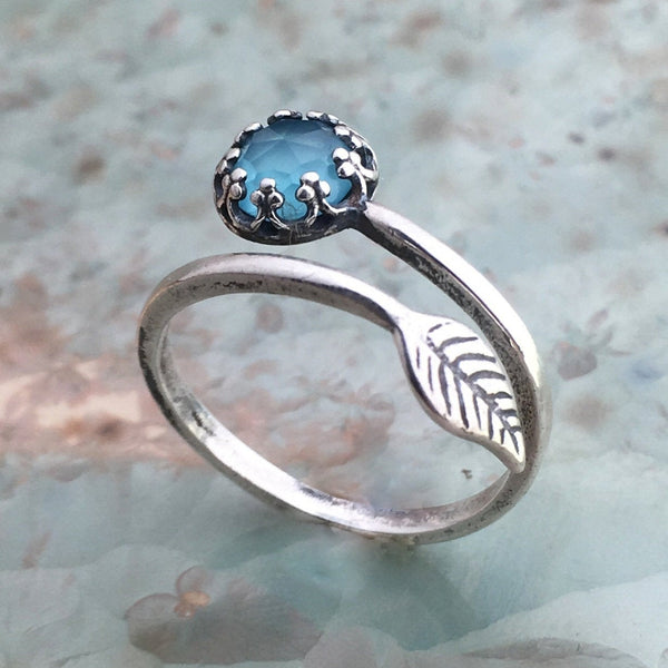 Leaf ring, blue topaz ring, simple dainty ring, adjustable ring, birthstone ring, crown ring, delicate ring, boho ring - Ocean R2572