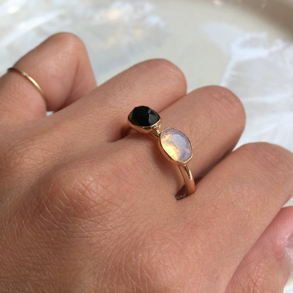 Birthstones ring, custom family ring, stacking ring, Mothers ring, Gold Filled ring, onyx opalite gemstone ring - Two of a Kind R2575