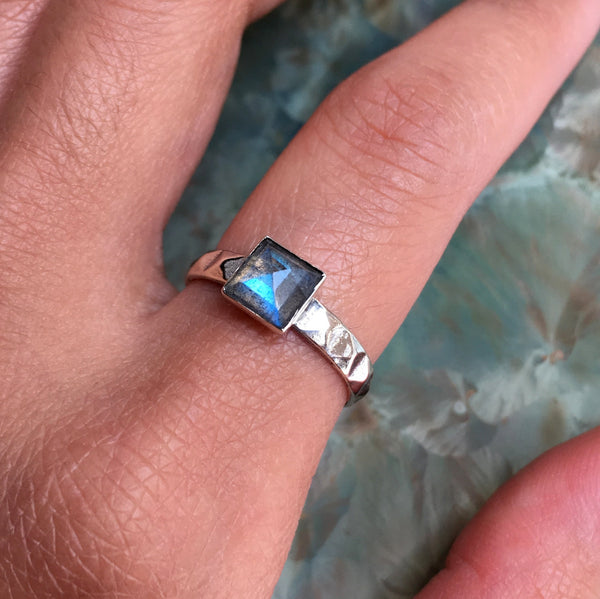 Labradorite ring, square stone ring, stacking ring, personalised ring, sterling silver ring, dainty ring, silver ring - Long Night R2577