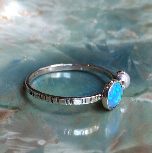 Opal pearl ring, birthstones ring, stacking ring, personalised ring, sterling silver ring, dainty ring, silver ring - Golden Shadows R2578