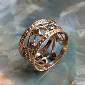 Solid yellow Gold wedding Band, gypsy ring, multistones band, boho birthstone ring, dainty ring, 14k gold ring - Shades of spring RG1267