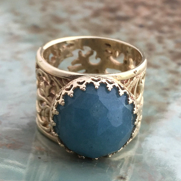 Gold aquamarine Ring, 14k solid gold crown ring, milky aquamarine ring, gemstone ring, cocktail ring, filigree ring - Jean blue RG2573