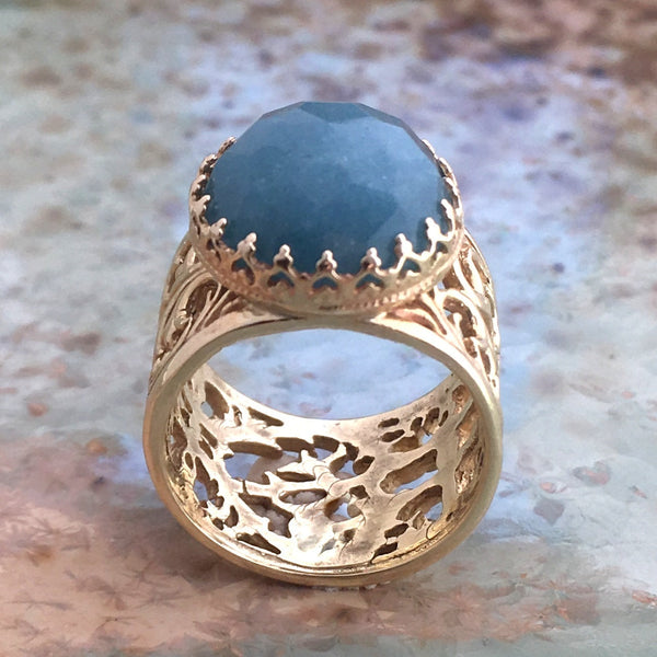 Gold aquamarine Ring, 14k solid gold crown ring, milky aquamarine ring, gemstone ring, cocktail ring, filigree ring - Jean blue RG2573