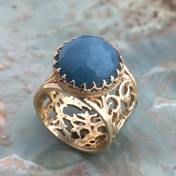 Gold aquamarine Ring, 14k solid gold crown ring, milky aquamarine ring, gemstone ring, cocktail ring, filigree ring - Jean blue RG2573