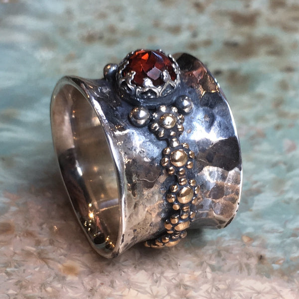 Two tones ring, floral ring, Garnet stone ring, gold silver ring, wide silver band, sterling silver crown ring, boho - City Nights R2290R