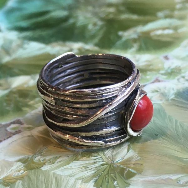 Red coral ring, Cocktail ring, sterling silver ring, stone ring, wire wrap ring, gemstone ring,  wide band - Imagine life in peace 4 R1505