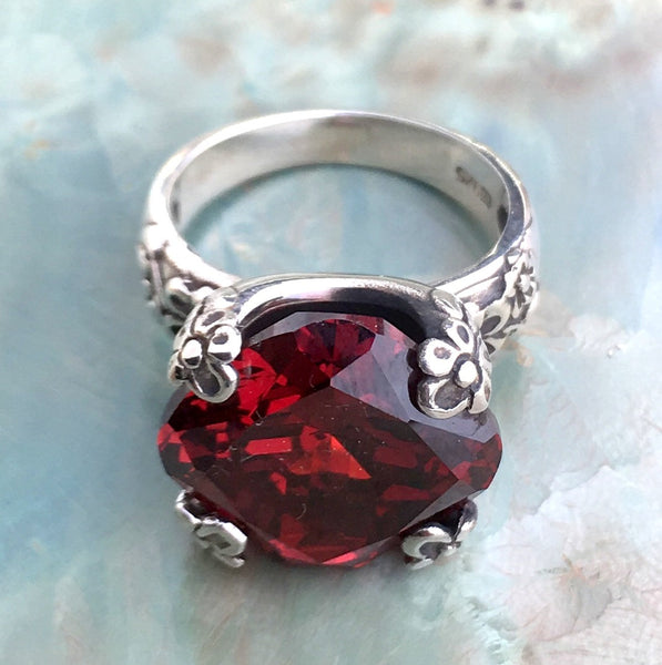 Garnet ring, Large stone ring, rose cut stone ring, Floral Silver Ring, alternative engagement ring, statement ring - Hello spring R2272-1X
