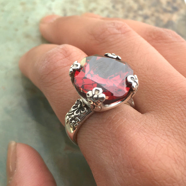 Garnet ring, Large stone ring, rose cut stone ring, Floral Silver Ring, alternative engagement ring, statement ring - Hello spring R2272-1X