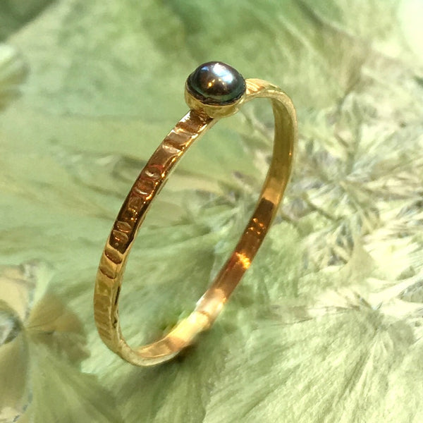 Black pearl gold ring, birthstone Gold ring, solid gold ring, delicate engagement ring, dainty ring, gemstone ring - Easy Lover RG2503