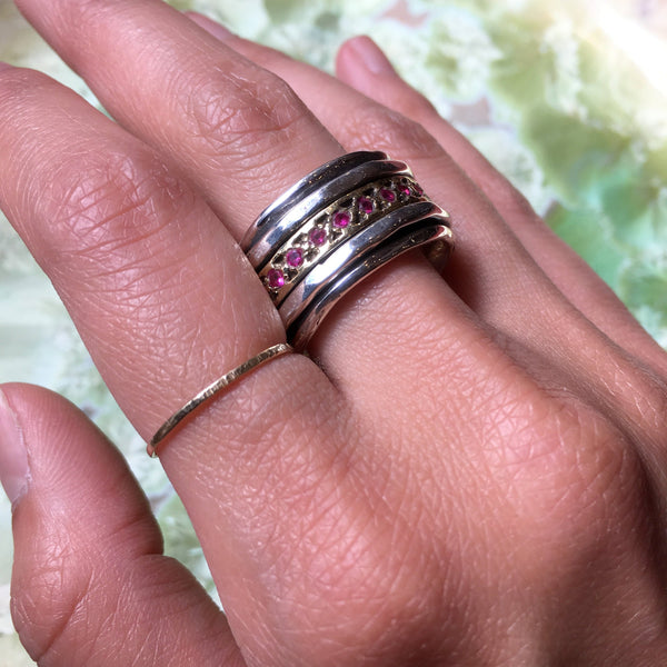 Rubies ring, Meditation ruby Ring, stacking rings, silver gold band, boho ring, wide silver band, eternity wedding band - Endlessly R1075LS