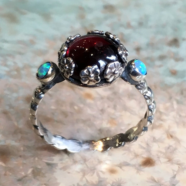 Silver Garnet ring, floral ring, January birthstone ring, stacking ring, personalised ring, dainty gemstones ring - It's beautiful R2565