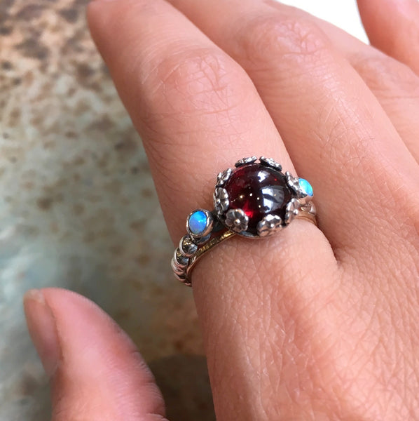 Silver Garnet ring, floral ring, January birthstone ring, stacking ring, personalised ring, dainty gemstones ring - It's beautiful R2565