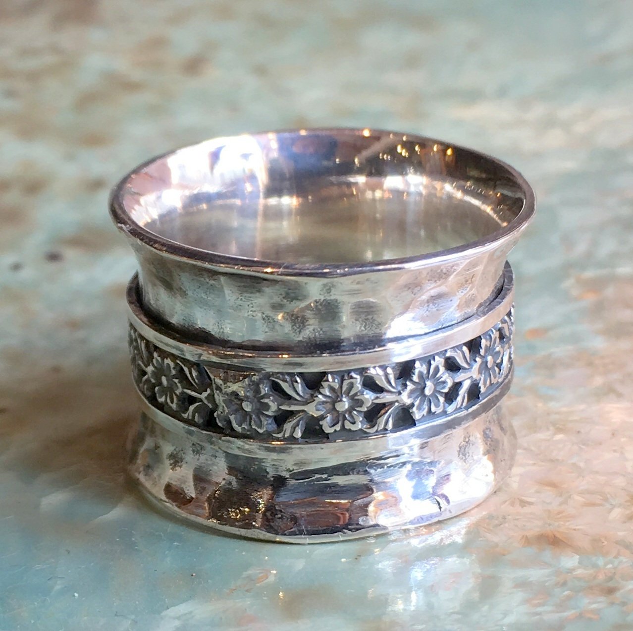 Spinner ring, Silver Wedding band, vine ring, meditation ring, wide silver band, flowers ring, hammered ring - Soul mates R2566