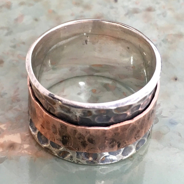 Silver copper spinner ring, Twotone band, matching wedding bands, vine band, mend band, wide ring, unisex band - Around the world R2568