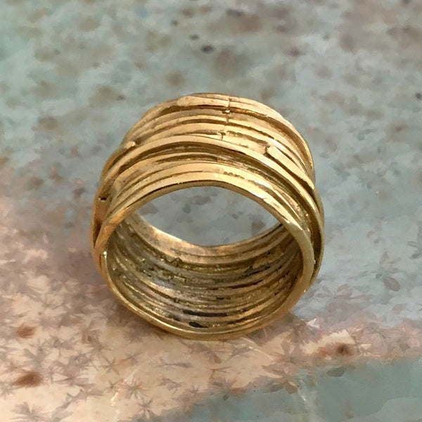 Solid gold ring, wide gold band, wire wrap gold ring, unisex band, boho ring, wedding band, rustic ring, wide ring - Imagine our life RG1505