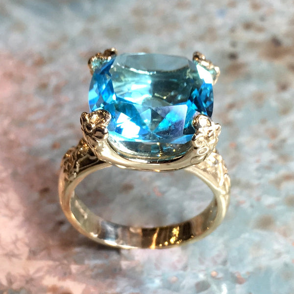 Blue topaz ring, Gemstone ring, boho ring, Golden brass Ring, engagement ring, statement botanical ring, cushion cut - Hello spring RK2272-7