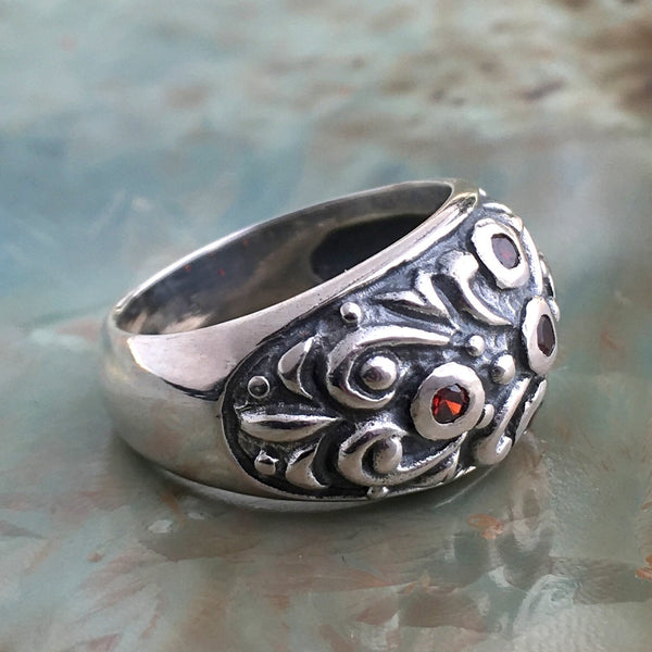 Garnets ring, gemstones ring, rustic ring, birthstones ring, Sterling Silver Ring, wide silver band, oxidised ring - All over me R2588